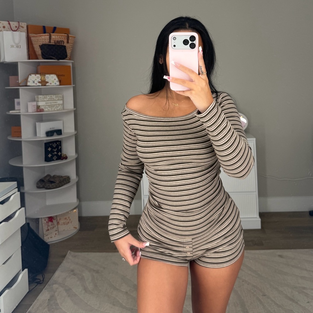 FashionNova Finley Striped Long Sleeve Short Set
